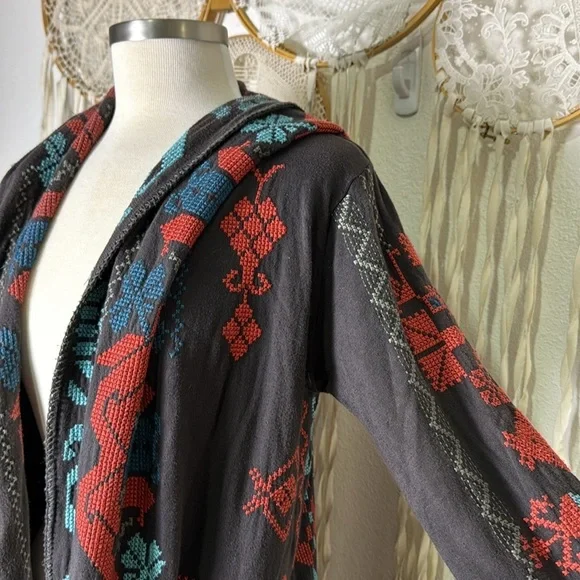 Johnny WasBiya Brown Hood with Aqua and Coral Aztex Embroidery Detail Size S